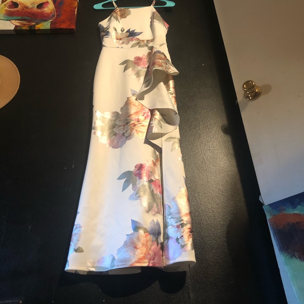Long white and floral print prom dress